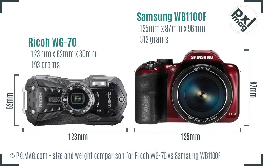 Ricoh WG-70 vs Samsung WB1100F size comparison