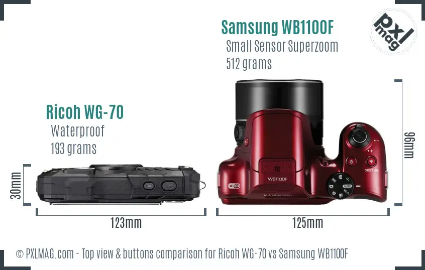 Ricoh WG-70 vs Samsung WB1100F top view buttons comparison