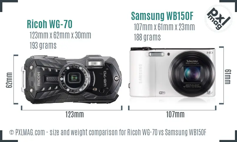 Ricoh WG-70 vs Samsung WB150F size comparison