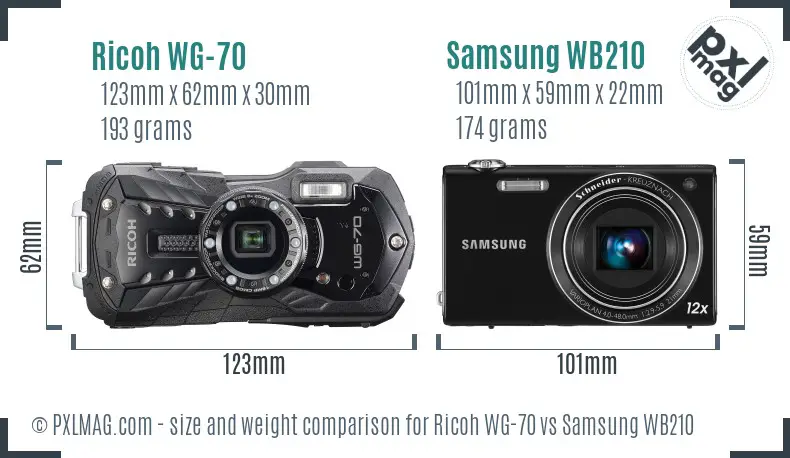 Ricoh WG-70 vs Samsung WB210 size comparison