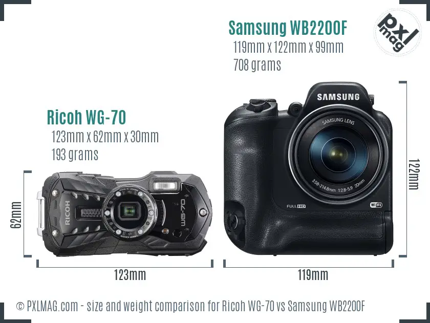 Ricoh WG-70 vs Samsung WB2200F size comparison