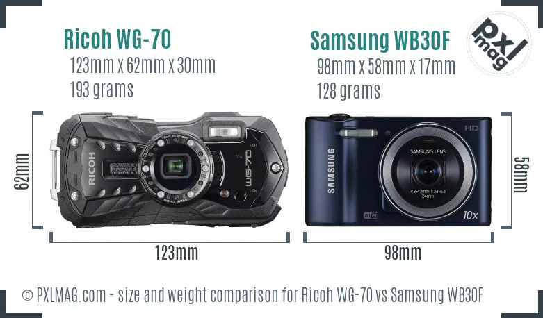 Ricoh WG-70 vs Samsung WB30F size comparison