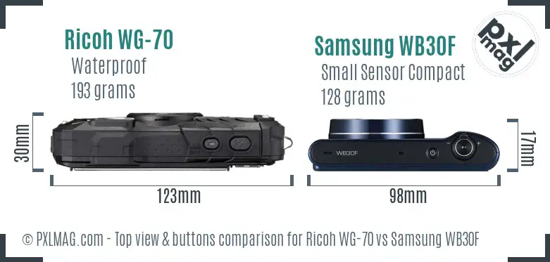 Ricoh WG-70 vs Samsung WB30F top view buttons comparison