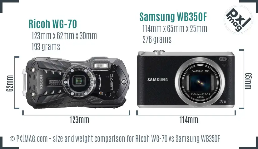 Ricoh WG-70 vs Samsung WB350F size comparison
