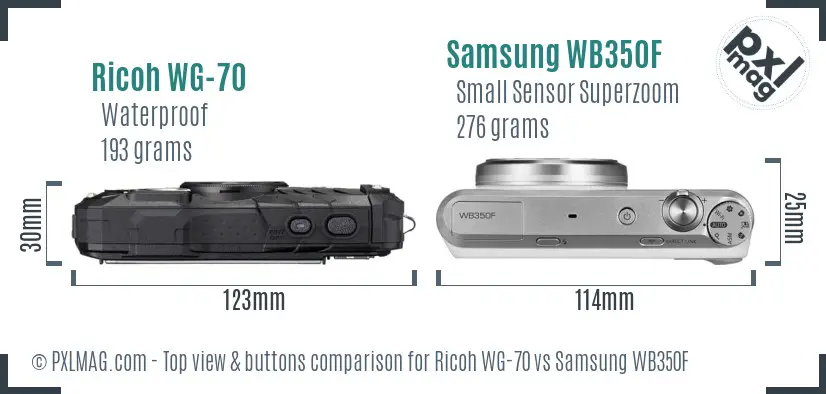 Ricoh WG-70 vs Samsung WB350F top view buttons comparison
