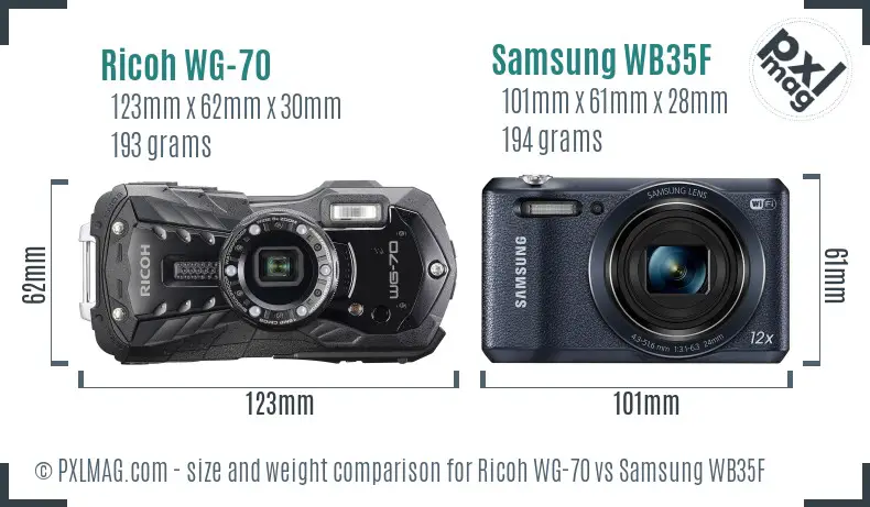 Ricoh WG-70 vs Samsung WB35F size comparison