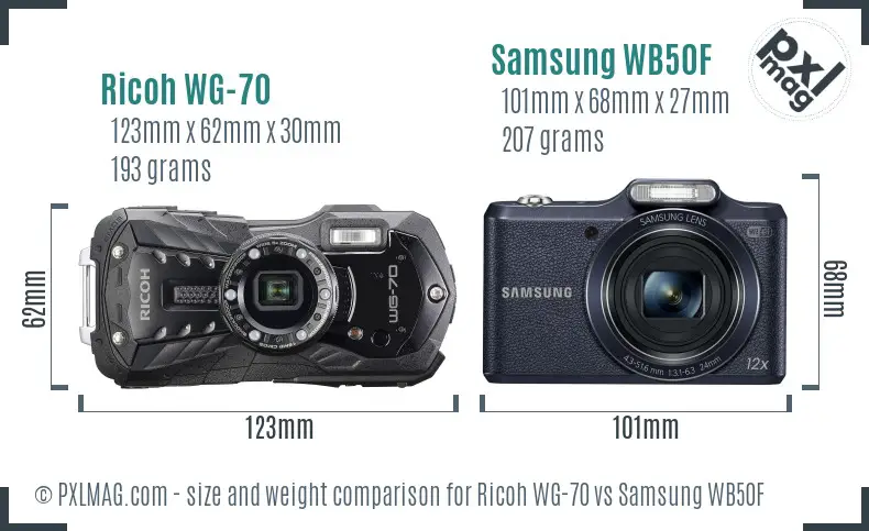 Ricoh WG-70 vs Samsung WB50F size comparison