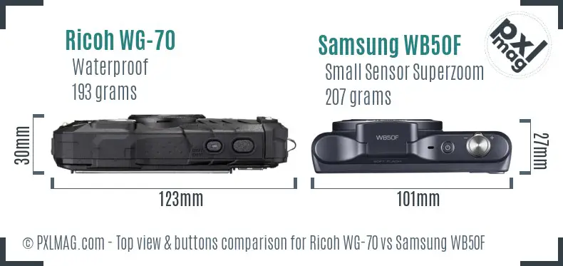 Ricoh WG-70 vs Samsung WB50F top view buttons comparison