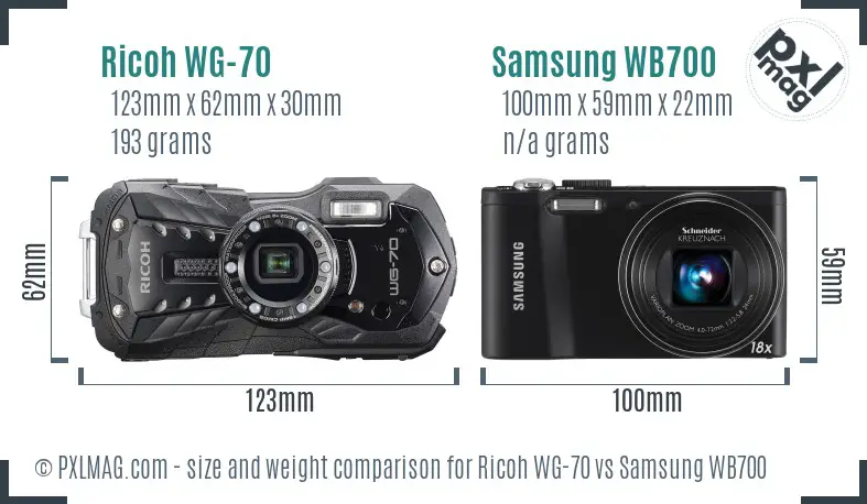 Ricoh WG-70 vs Samsung WB700 size comparison