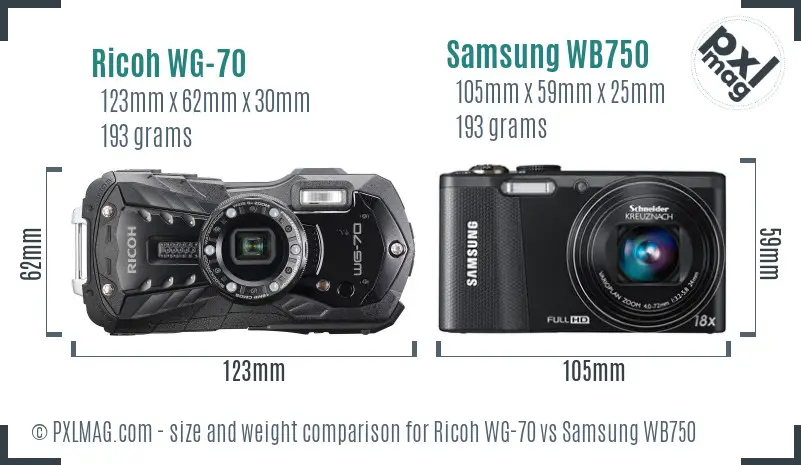 Ricoh WG-70 vs Samsung WB750 size comparison