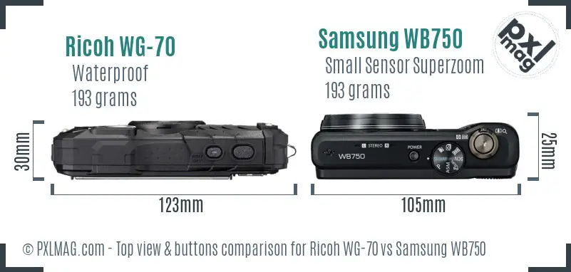 Ricoh WG-70 vs Samsung WB750 top view buttons comparison