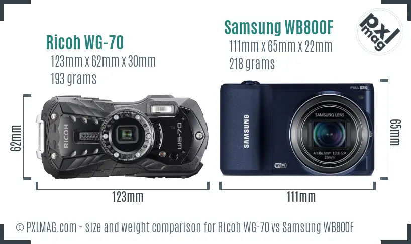 Ricoh WG-70 vs Samsung WB800F size comparison