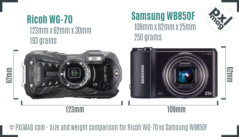 Ricoh WG-70 vs Samsung WB850F size comparison