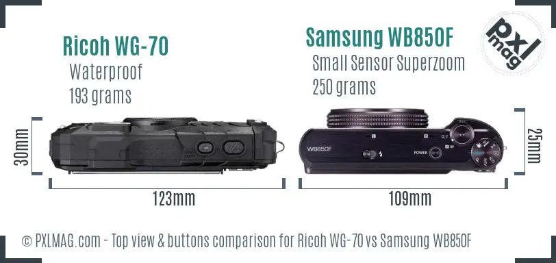 Ricoh WG-70 vs Samsung WB850F top view buttons comparison