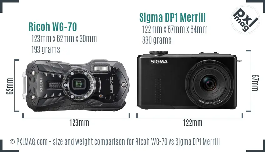 Ricoh WG-70 vs Sigma DP1 Merrill size comparison