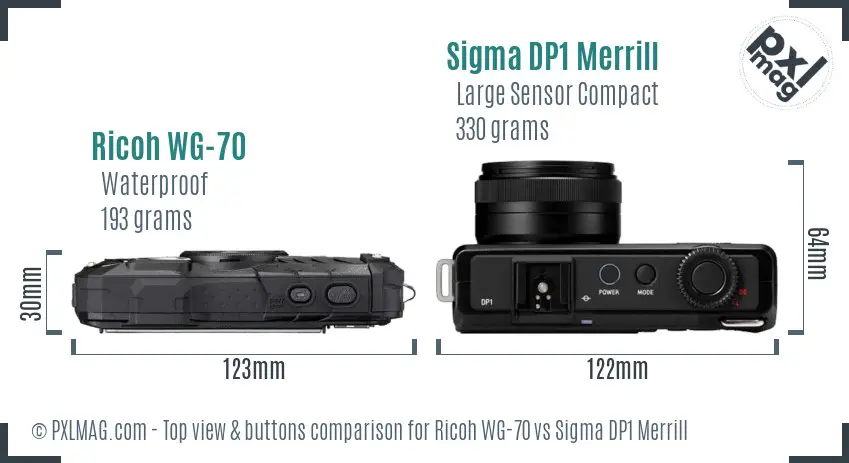 Ricoh WG-70 vs Sigma DP1 Merrill top view buttons comparison