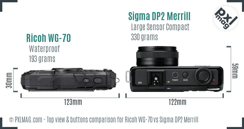 Ricoh WG-70 vs Sigma DP2 Merrill top view buttons comparison