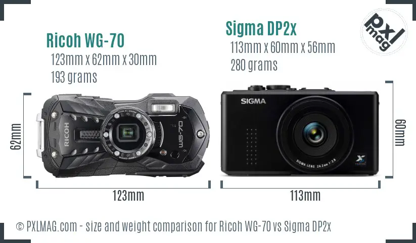 Ricoh WG-70 vs Sigma DP2x size comparison