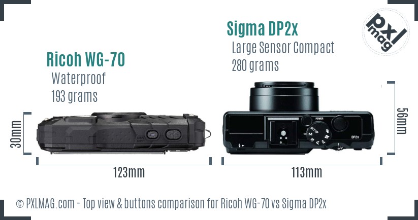 Ricoh WG-70 vs Sigma DP2x top view buttons comparison