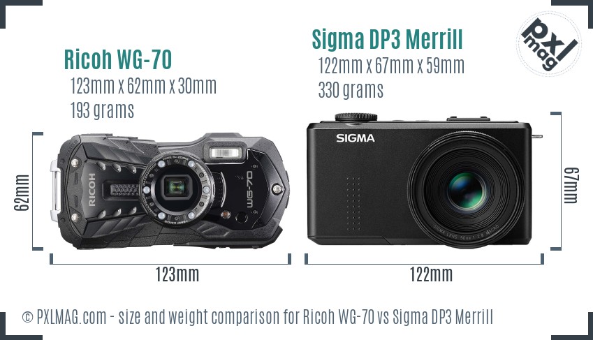 Ricoh WG-70 vs Sigma DP3 Merrill size comparison