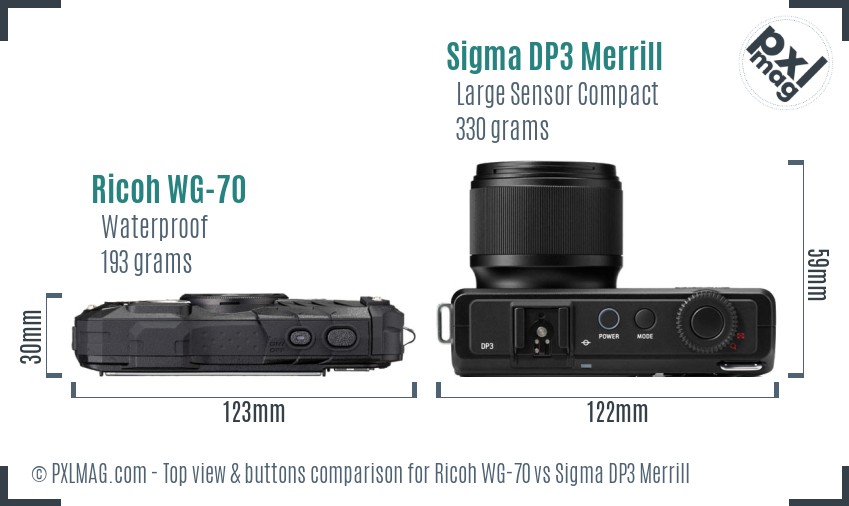 Ricoh WG-70 vs Sigma DP3 Merrill top view buttons comparison