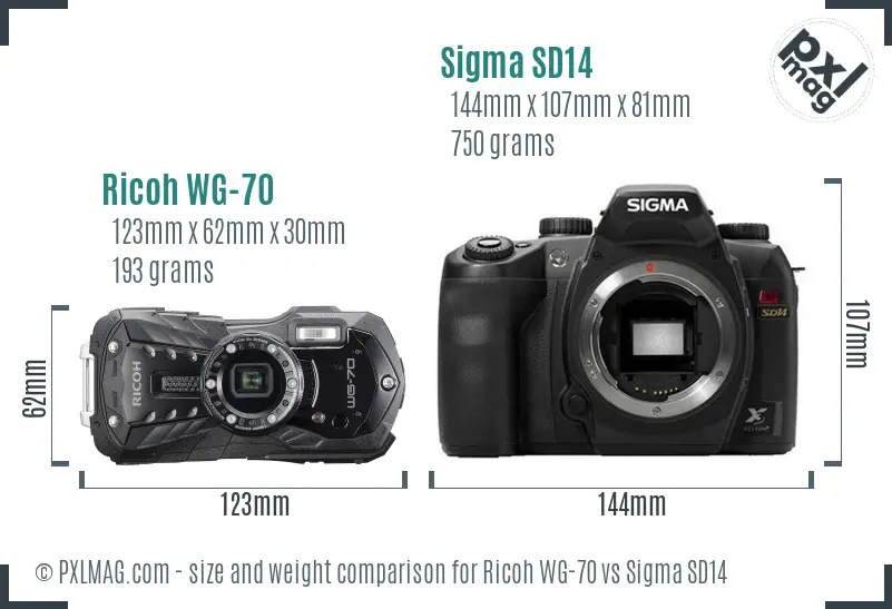 Ricoh WG-70 vs Sigma SD14 size comparison