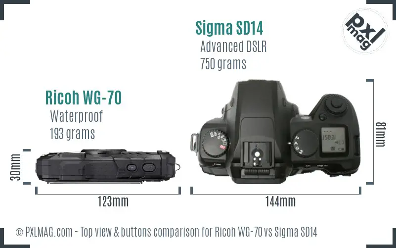 Ricoh WG-70 vs Sigma SD14 top view buttons comparison