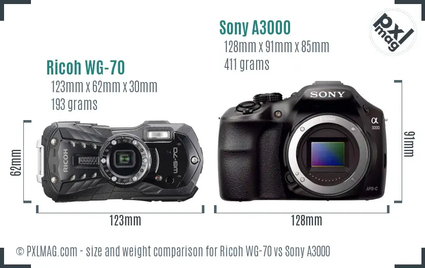 Ricoh WG-70 vs Sony A3000 size comparison