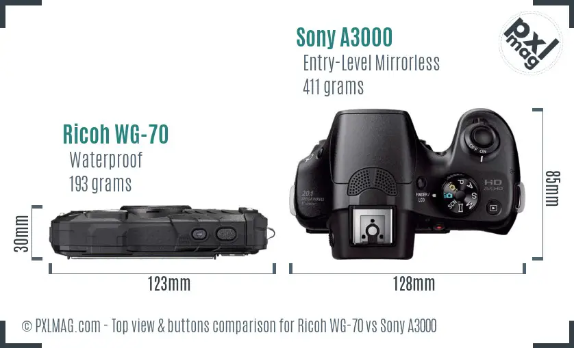 Ricoh WG-70 vs Sony A3000 top view buttons comparison