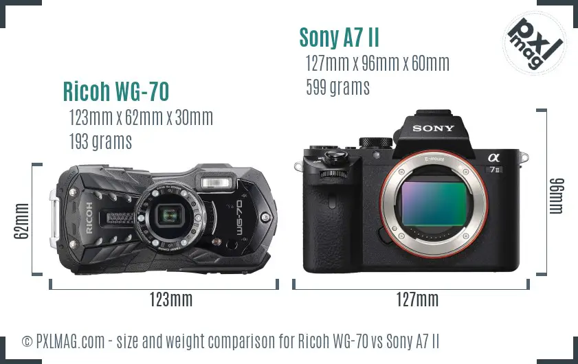 Ricoh WG-70 vs Sony A7 II size comparison