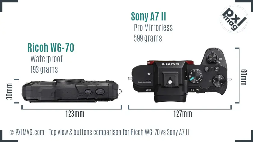 Ricoh WG-70 vs Sony A7 II top view buttons comparison