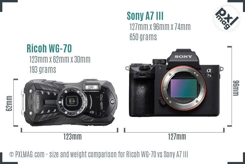 Ricoh WG-70 vs Sony A7 III size comparison