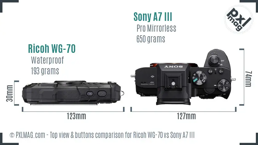 Ricoh WG-70 vs Sony A7 III top view buttons comparison