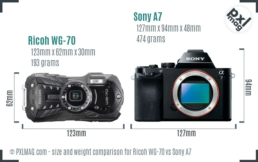 Ricoh WG-70 vs Sony A7 size comparison