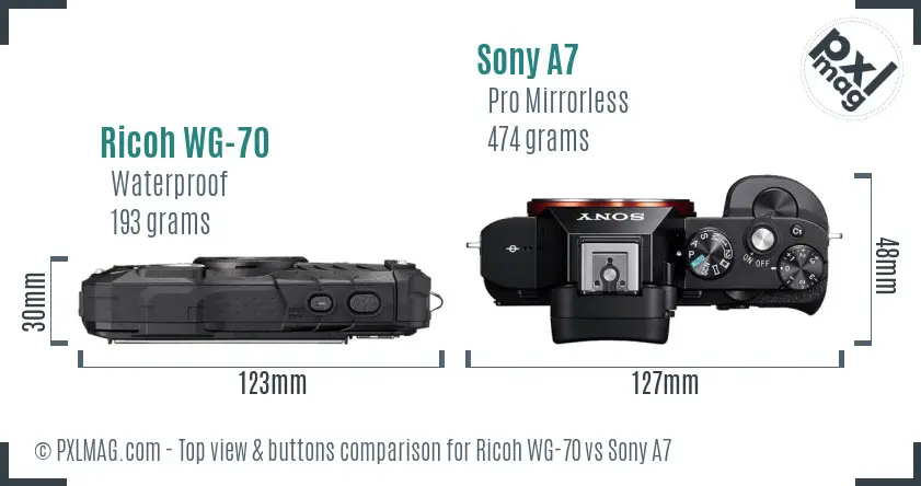 Ricoh WG-70 vs Sony A7 top view buttons comparison