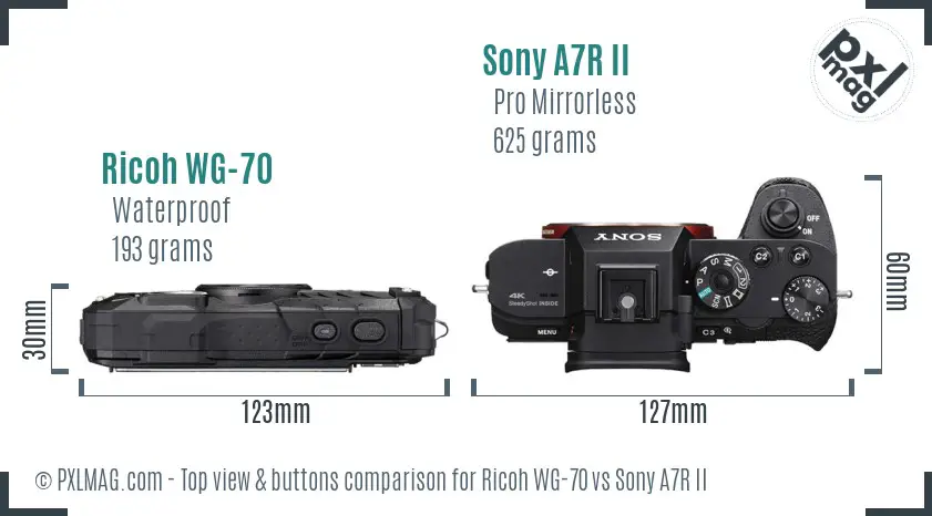 Ricoh WG-70 vs Sony A7R II top view buttons comparison