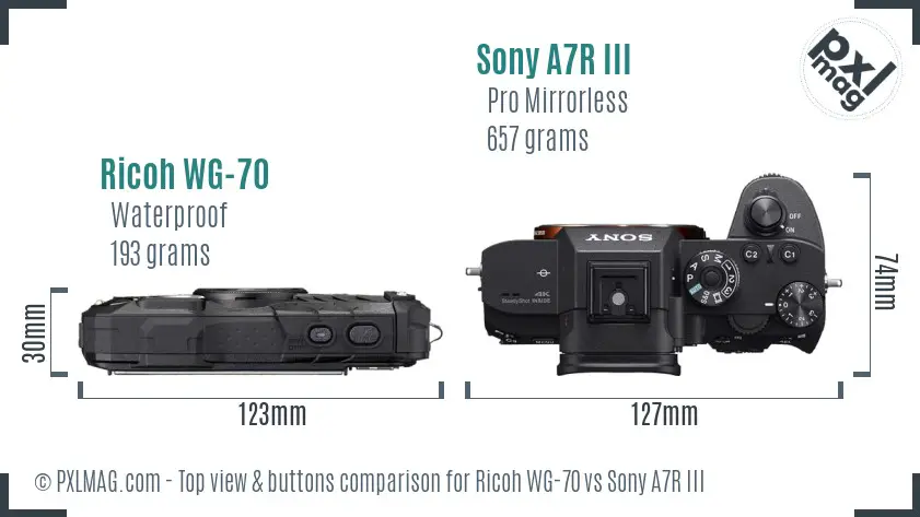Ricoh WG-70 vs Sony A7R III top view buttons comparison