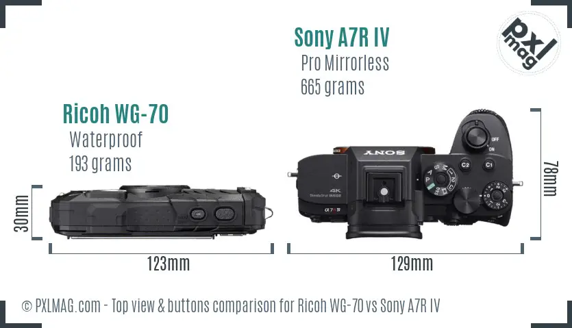 Ricoh WG-70 vs Sony A7R IV top view buttons comparison