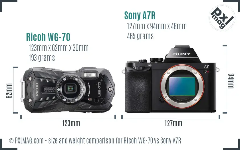 Ricoh WG-70 vs Sony A7R size comparison