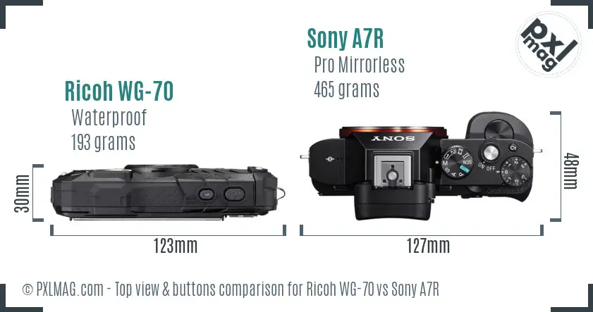 Ricoh WG-70 vs Sony A7R top view buttons comparison