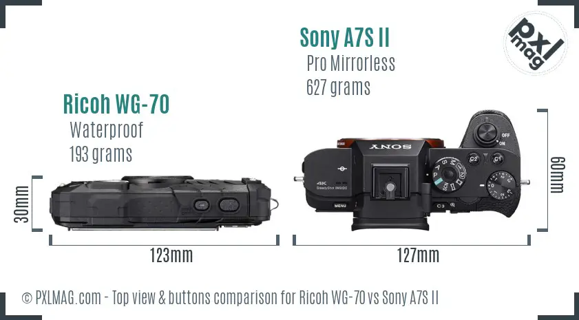 Ricoh WG-70 vs Sony A7S II top view buttons comparison