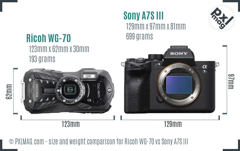 Ricoh WG-70 vs Sony A7S III size comparison