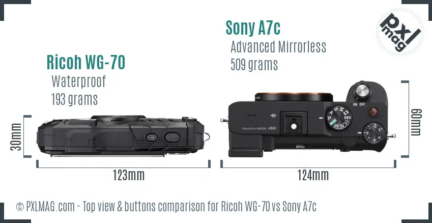 Ricoh WG-70 vs Sony A7c top view buttons comparison