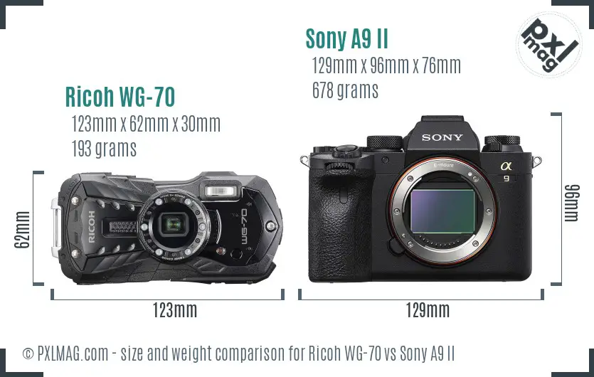 Ricoh WG-70 vs Sony A9 II size comparison