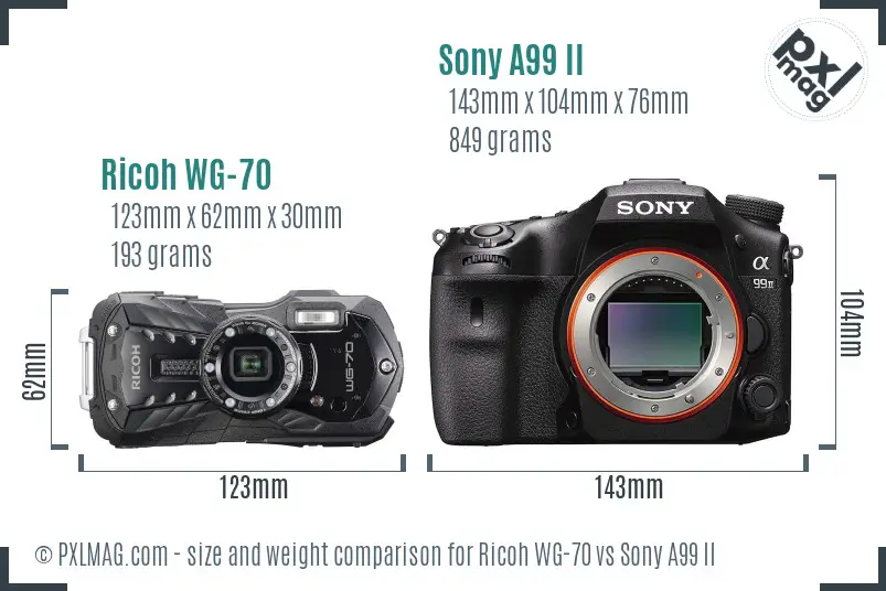 Ricoh WG-70 vs Sony A99 II size comparison