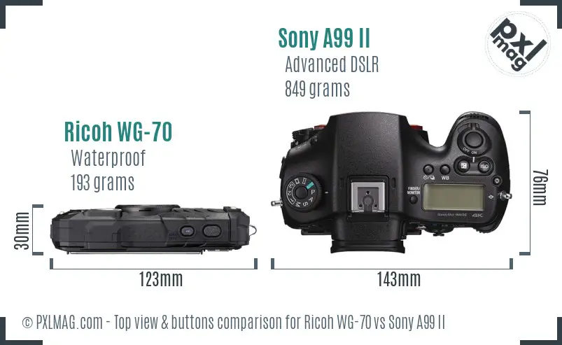 Ricoh WG-70 vs Sony A99 II top view buttons comparison