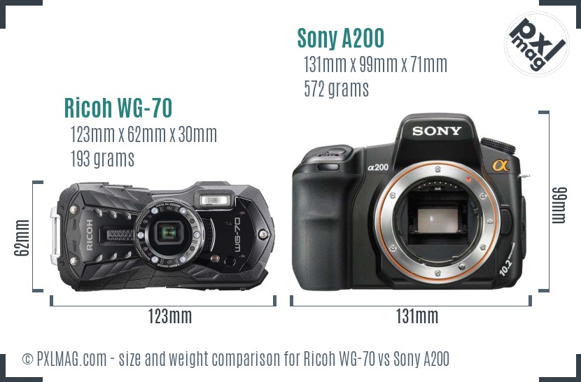 Ricoh WG-70 vs Sony A200 size comparison
