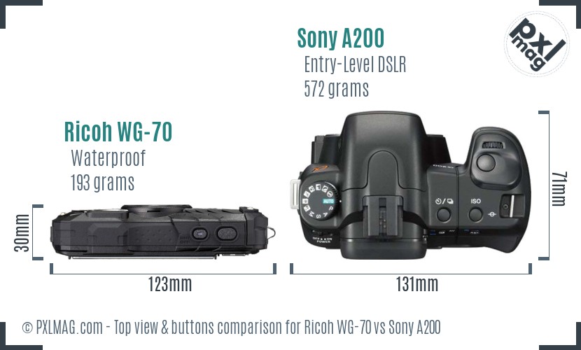 Ricoh WG-70 vs Sony A200 top view buttons comparison