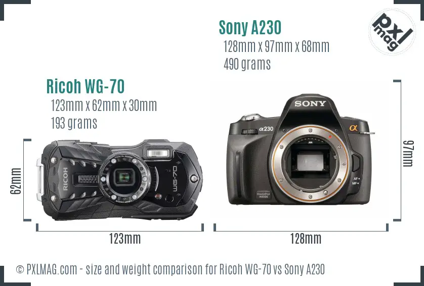 Ricoh WG-70 vs Sony A230 size comparison