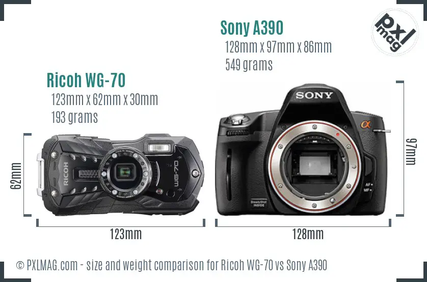 Ricoh WG-70 vs Sony A390 size comparison